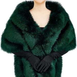 NEW Elegant Green Faux Fur Wrap & Satin Black Sleeve Gloves Set